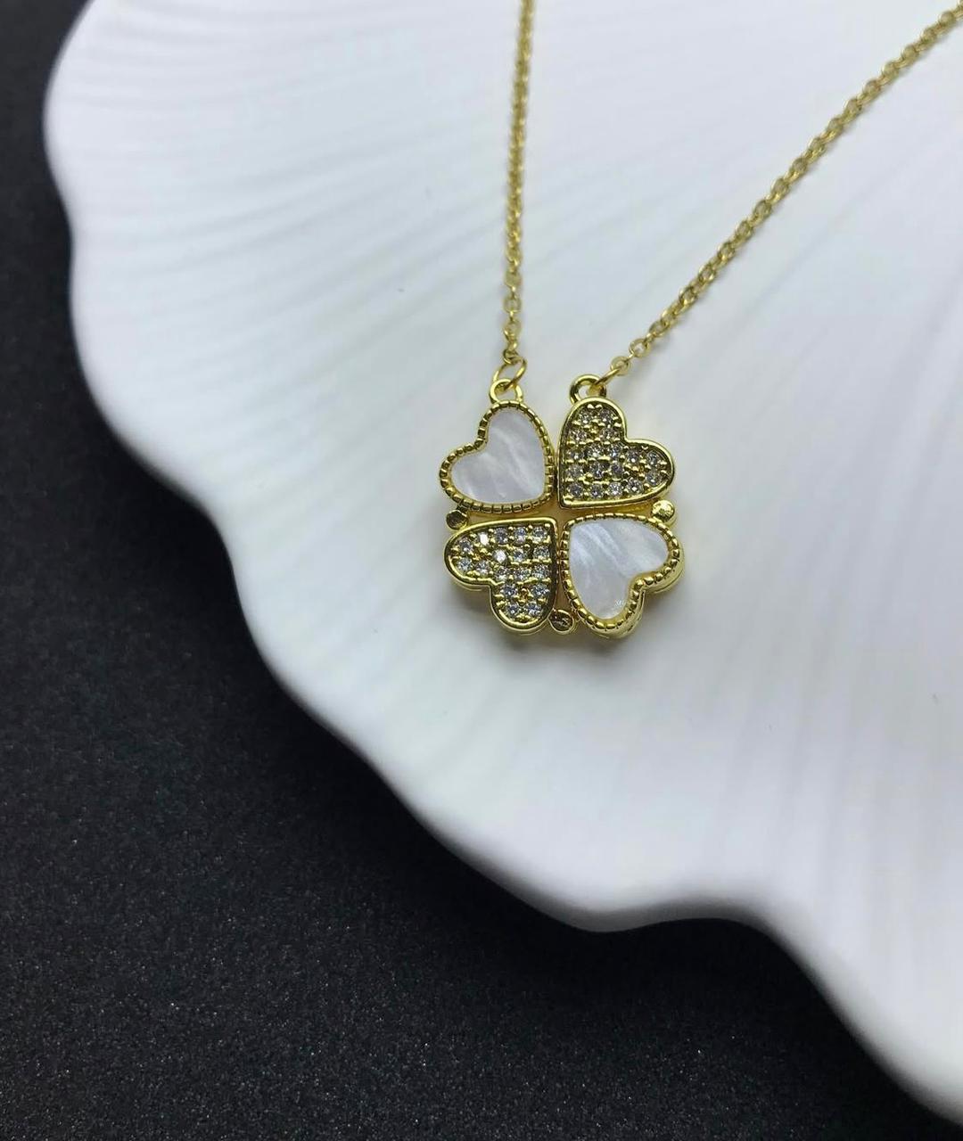 Pearl & Crystal Four- Leaf Clover Heart Necklace