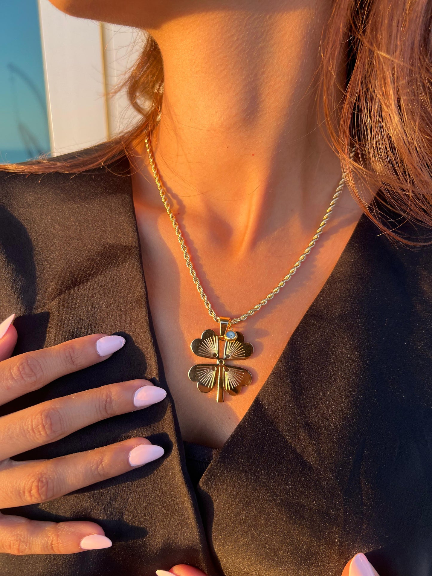 Clover Necklace with Evil Eye Charm