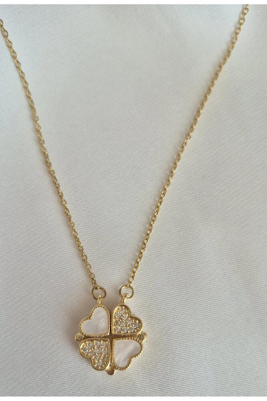 Pearl & Crystal Four- Leaf Clover Heart Necklace