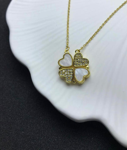 Pearl & Crystal Four- Leaf Clover Heart Necklace