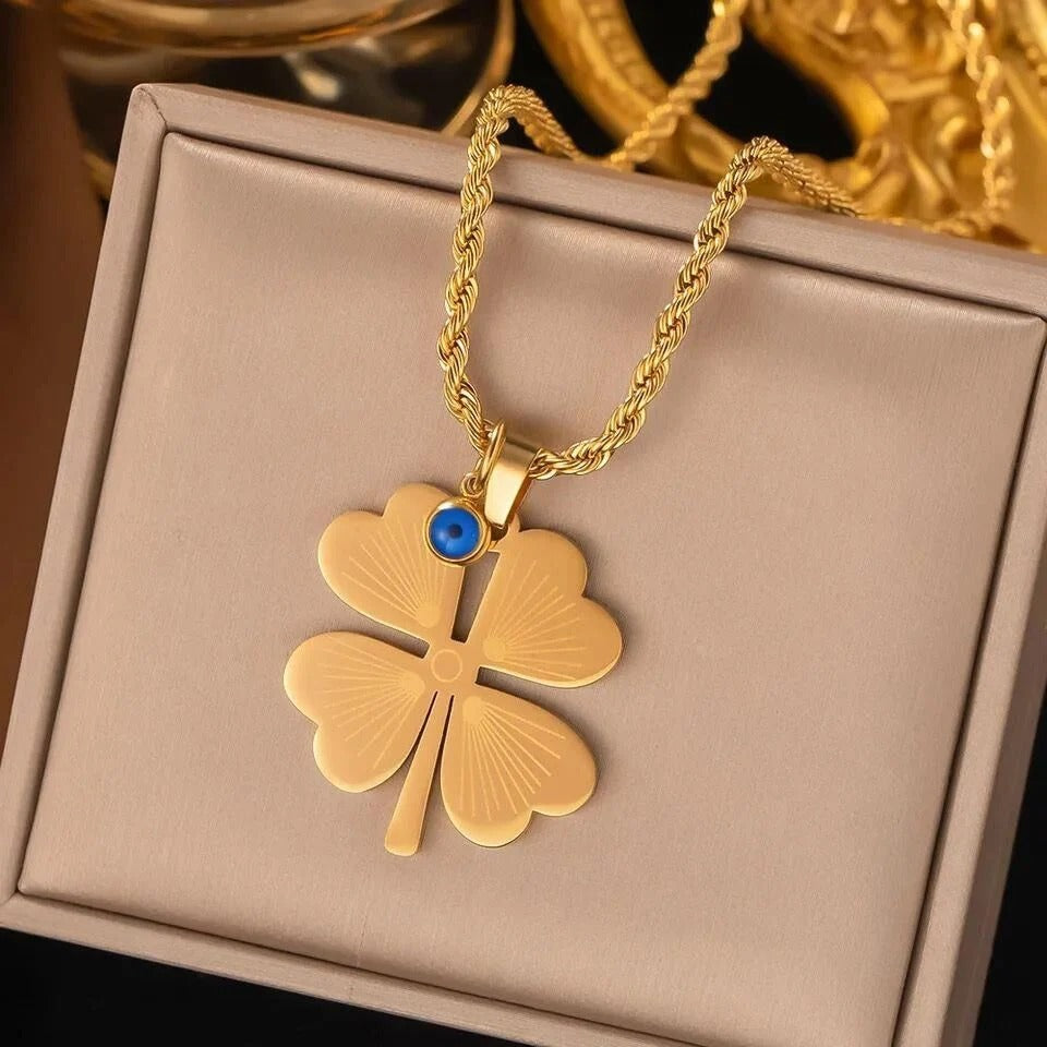 Clover Necklace with Evil Eye Charm